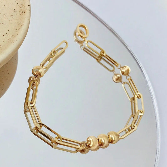 MADALENA SARARA 18K Yellow Gold Cat Eye's Bead Women Bracelet  Au750 Link Chain Classic Simple Style